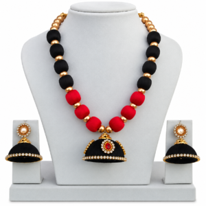 1 Black & Red Handmade Beaded Necklace Set with Jhumka Earrings