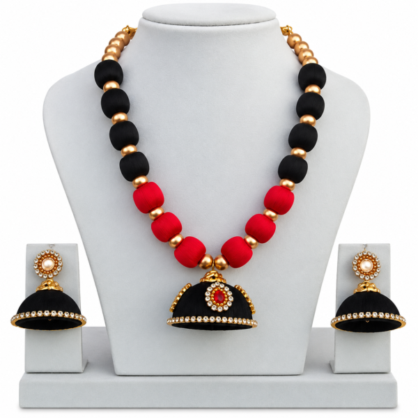 Black & Red Handmade Beaded Necklace Set with Jhumka Earrings