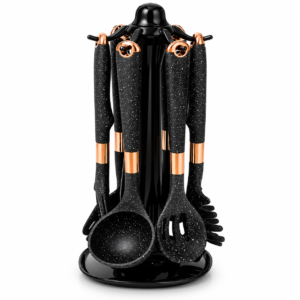 Black & Rose Gold Kitchen Utensil Set with Rotating Stand