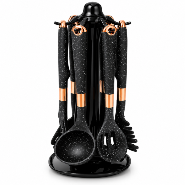 Black & Rose Gold Kitchen Utensil Set with Rotating Stand