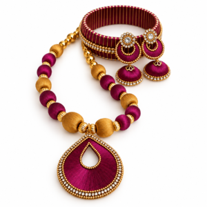 10 Magenta & Golden Silk Thread Jewelry Set with Bangles