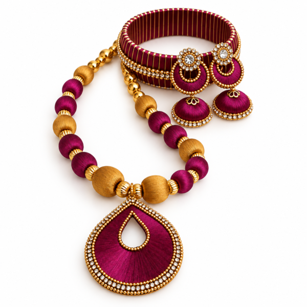 10 Magenta & Golden Silk Thread Jewelry Set with Bangles