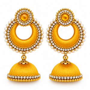 12 Mustard Yellow Silk Thread Jhumka Earrings with Pearl & Stone Details