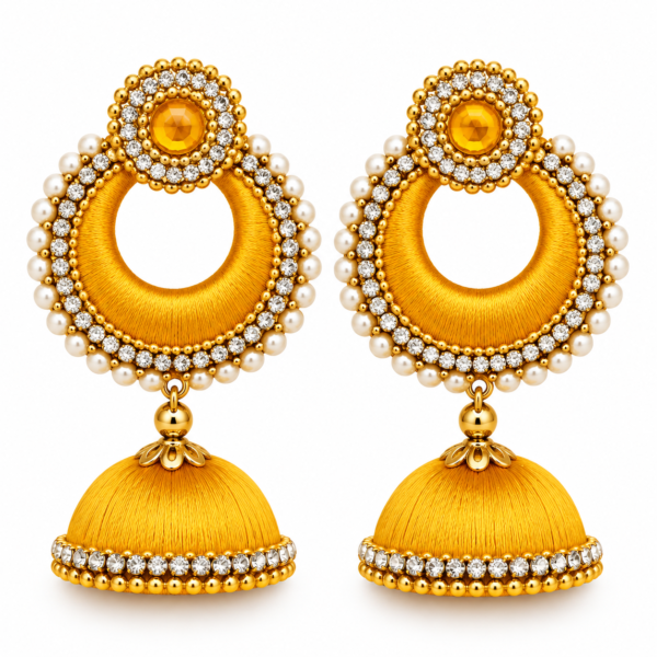 12 Mustard Yellow Silk Thread Jhumka Earrings with Pearl & Stone Details