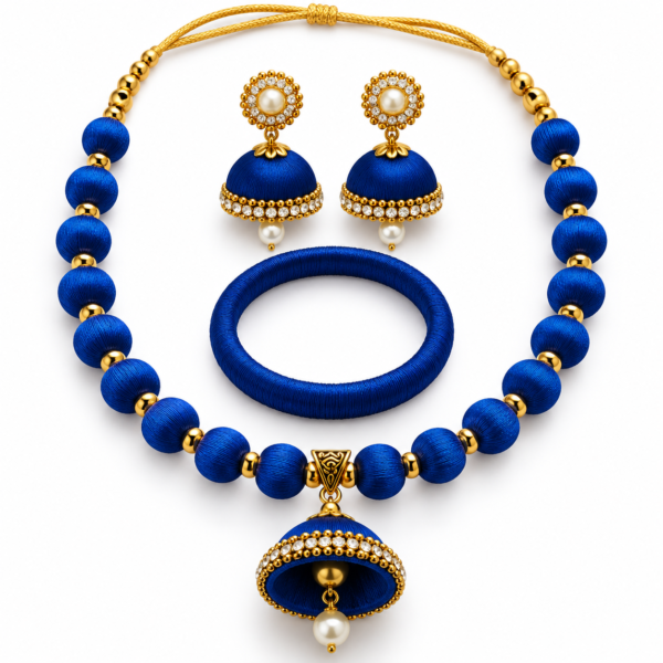Royal Blue Silk Thread Jewelry Set with Necklace, Earrings & Bangle