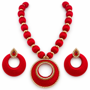 14 Red Silk Thread Necklace Set with Matching Earrings