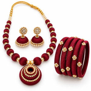 15 Maroon Silk Thread Necklace Set with Jhumka Earrings & Bangles