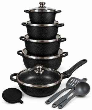 Black Granite Nonstick Cookware Set with Glass Lids & Kitchen Utensils