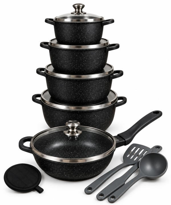 Black Granite Nonstick Cookware Set with Glass Lids & Kitchen Utensils