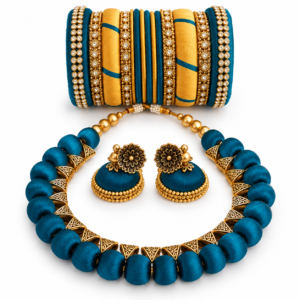 Teal Blue & Golden Necklace Set with Earrings and Bangles