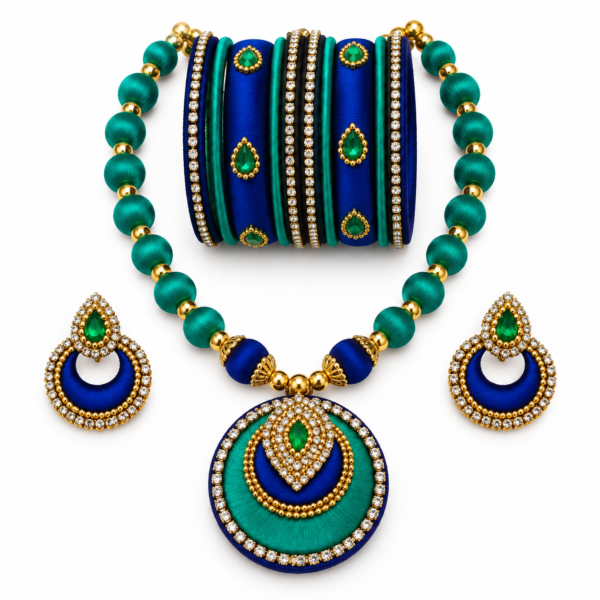 7 Teal Green & Royal Blue Traditional Jewelry Set with Bangles