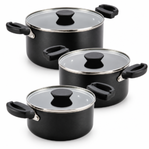 Black Cookware Pot Set with Glass Lids – 3 Pieces