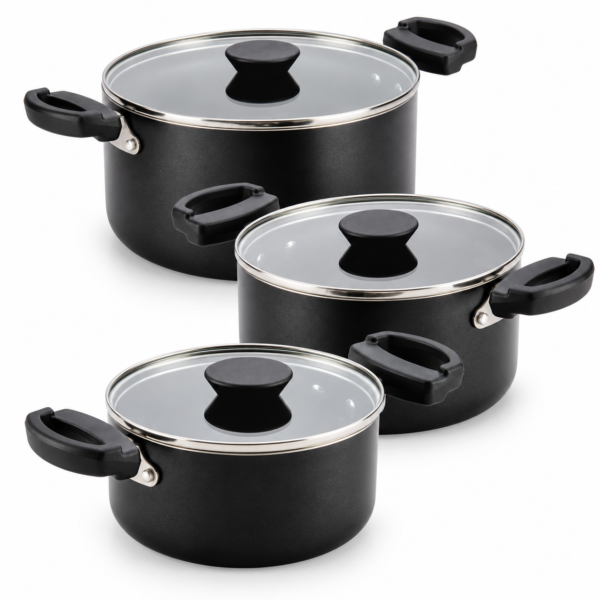 9 Black Cookware Pot Set with Glass Lids – 3 Pieces
