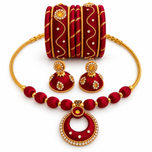 9 Maroon & Golden Traditional Jewelry Set with Bangles and Jhumka Earrings