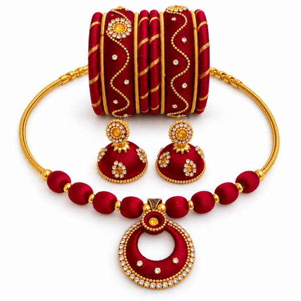 Maroon & Golden Traditional Jewelry Set with Bangles and Jhumka Earrings